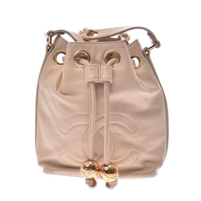 Chanel Drawstring Gold Metallic Ladies Calf Beige Leather Shoulder Bag 