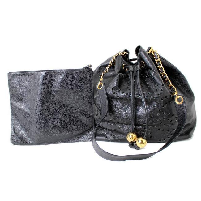 Chanel Drawstring Skin Punching Black Caviar Leather Shoulder Bag 
