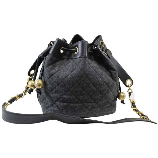 Chanel Drawstring Tote Vintage 1992 Grey Wool &amp Leather Shoulder Bag 
