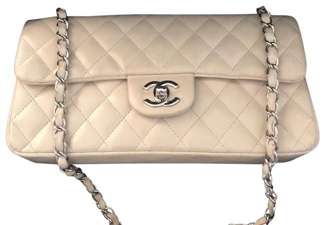 Chanel East West Single Flap Cream Leather Shoulder Bag 