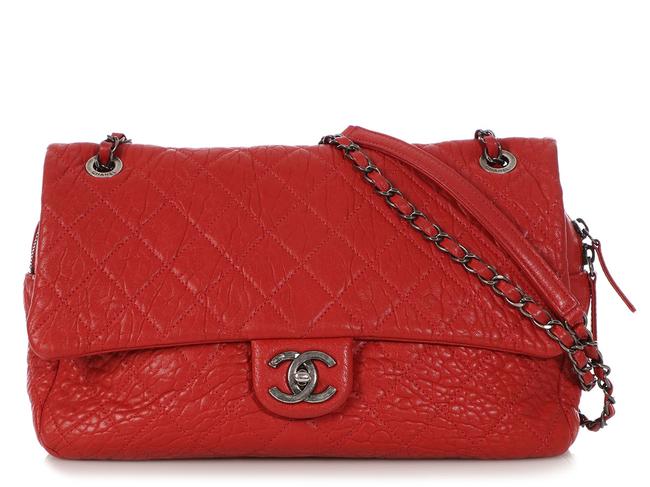 Chanel Easy Flap Jumbo Distressed Quilted Red Calfskin Leather Shoulder Bag 