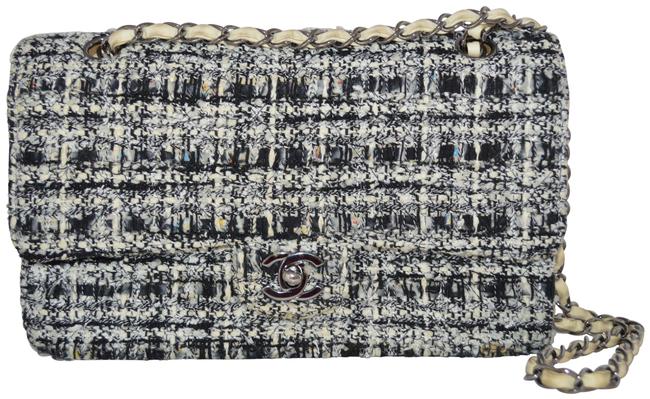 Chanel Embroidered White Beige and Black Tweed Leather Shoulder Bag 