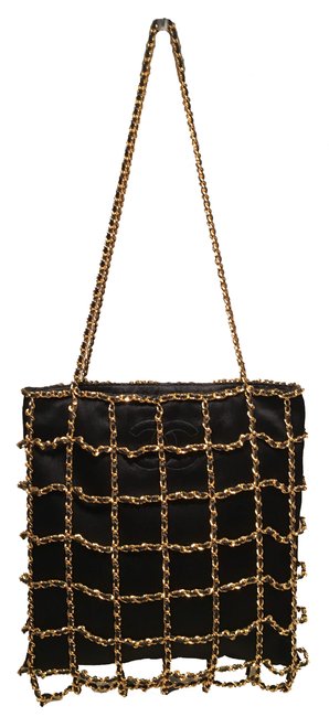Chanel Evening Vintage Chain Cage Black Silk Shoulder Bag 