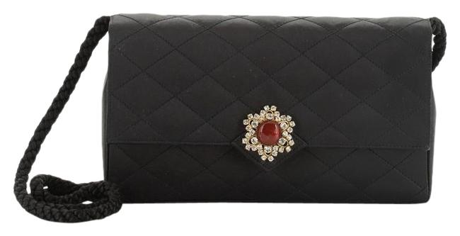 Chanel Evening Vintage Gripoix Quilted Small Black Satin Shoulder Bag 