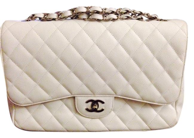 Chanel Flap Large Classic Caviar Quilted White Calfskin Leather Shoulder Bag 