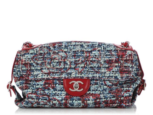Chanel Flap Red Leather And Blue Tweed Shoulder Bag 