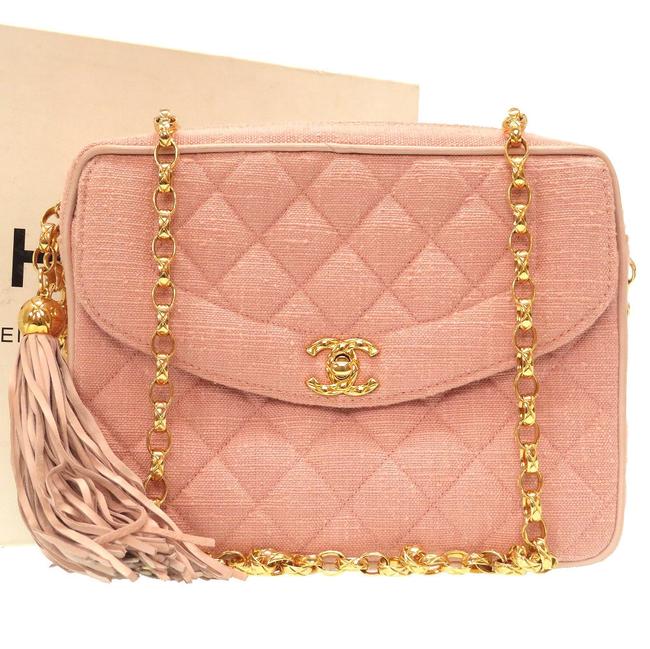 Chanel Fringe Matrasse Vintage Gold Chain 0316 Pink Canvas Shoulder Bag 