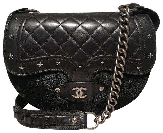 Chanel Vintage Dallas Studded Saddle Black Lambskin Leather Shoulder Bag 