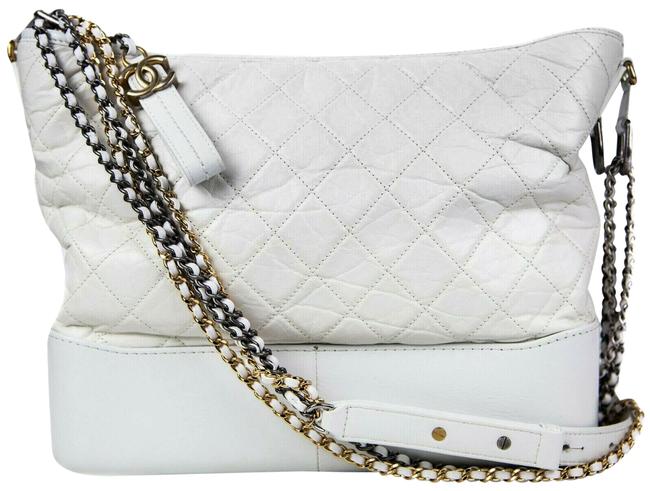 Chanel Gabrielle Hobo Large Cc Gold Silver Quilted White Leather Shoulder Bag 