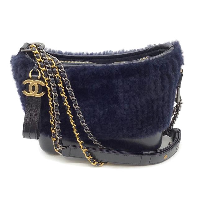 Chanel Gabrielle Hobo Navy Shearling Leather Shoulder Bag 