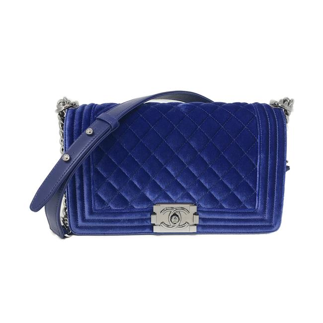 Chanel Handbag Boy Quilted Medium Blue Velvet Shoulder Bag 