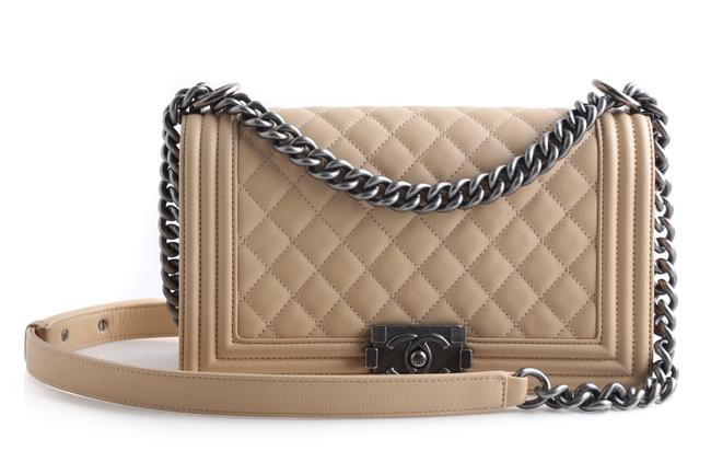 Chanel Handbag Boy Quilted Ruthenium Beige Calfskin Leather Shoulder Bag 