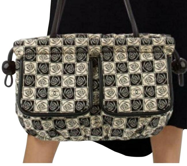 Chanel Hobo Camellia Logo Black Cream Canvas Shoulder Bag 