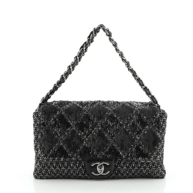 Chanel Icons 3 Quilted Embellished Jumbo Black Tweed Sequins Shoulder Bag 