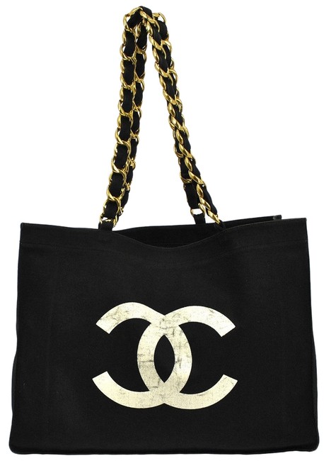 Chanel Tote Jumbo Cc Chain Canvas Vintage France Shoulder Bag 