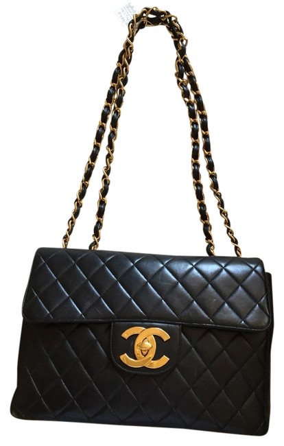 Chanel Jumbo Vintage Classic Black Lamb Skin Shoulder Bag 