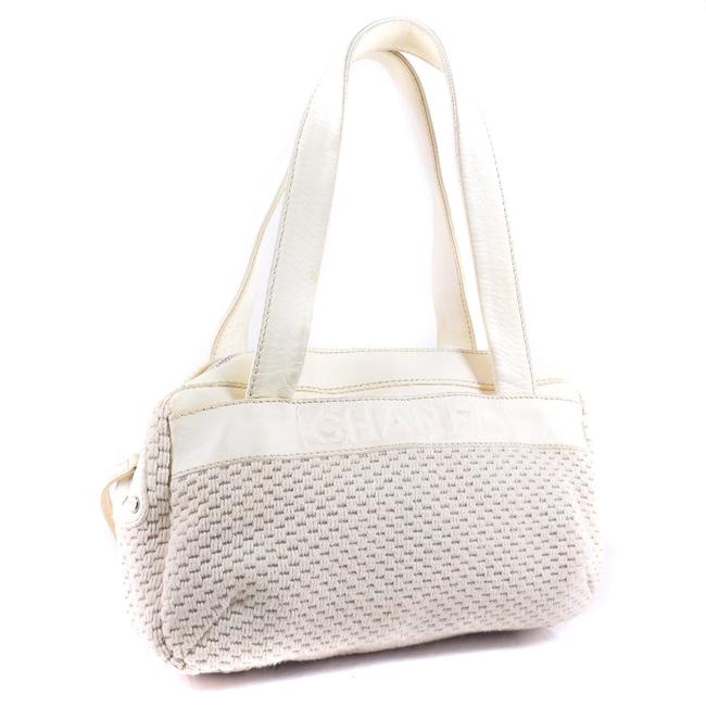 Chanel Ladies Pink White Canvas Leather Shoulder Bag 