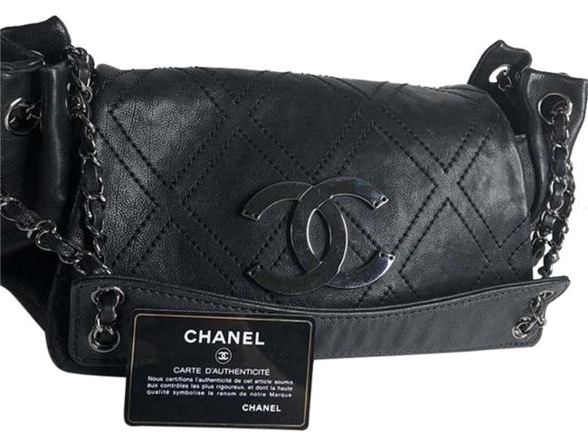 Chanel Large Cc Metal Black Leather Shoulder Bag 