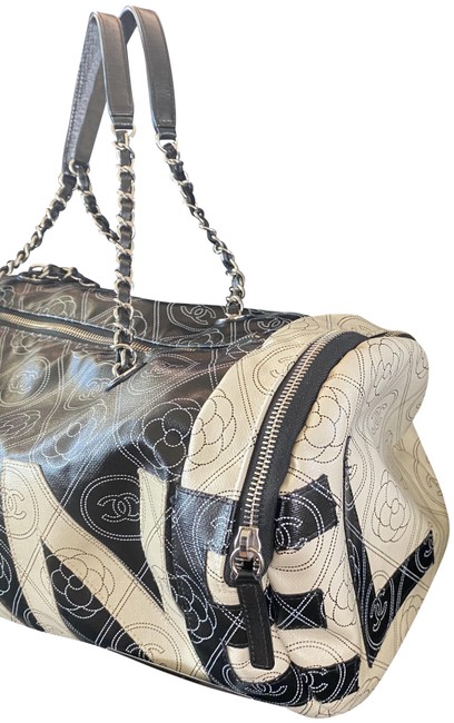 Chanel Letters Logo Camellia Black Coated Canvas Shoulder Bag 