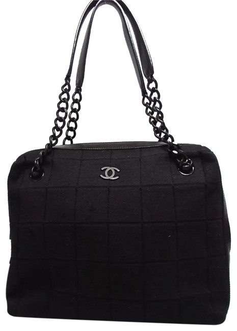 Chanel Logo Chain Black Cotton Shoulder Bag 