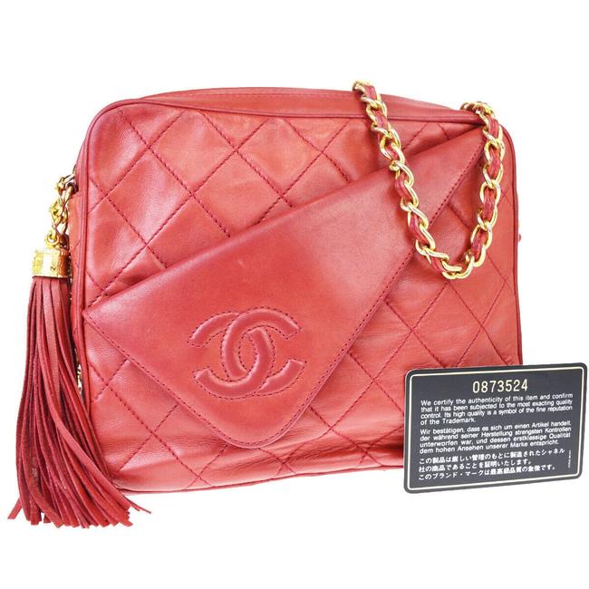 Chanel Logo Fringe Chain Vintage Red Leather Shoulder Bag 