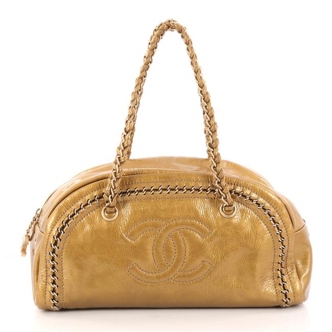 Chanel Luxe Ligne Bowler Patent Medium Gold Leather Satchel 
