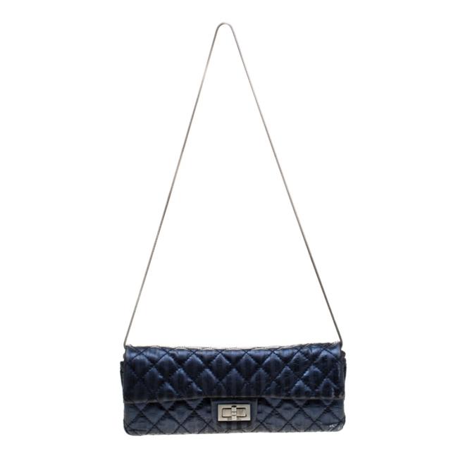 Chanel Mademoiselle Clutch Metallic Quilted Lock Blue Leather Shoulder Bag 