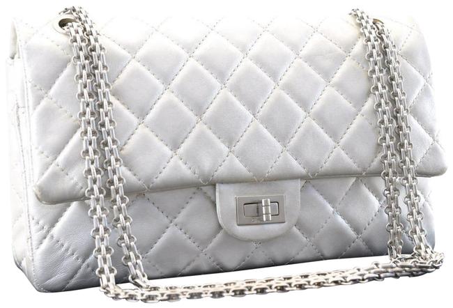 Chanel Matelasse 25 Silver Lambskin Leather Shoulder Bag 