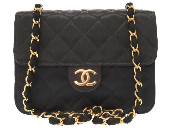 Chanel Matrasse Coco Mark Gold Chain 0116 Black Satin Shoulder Bag 