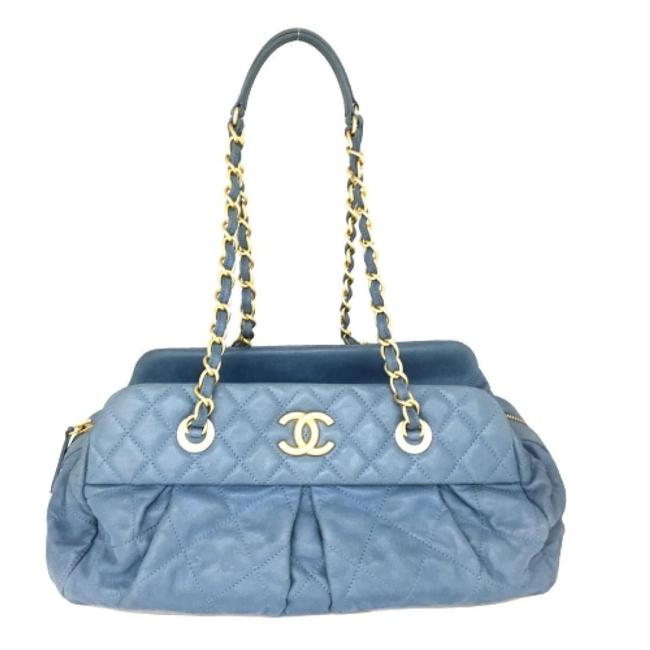 Chanel Mattelasse Chain Ladies Leather Black Blue Shoulder Bag 