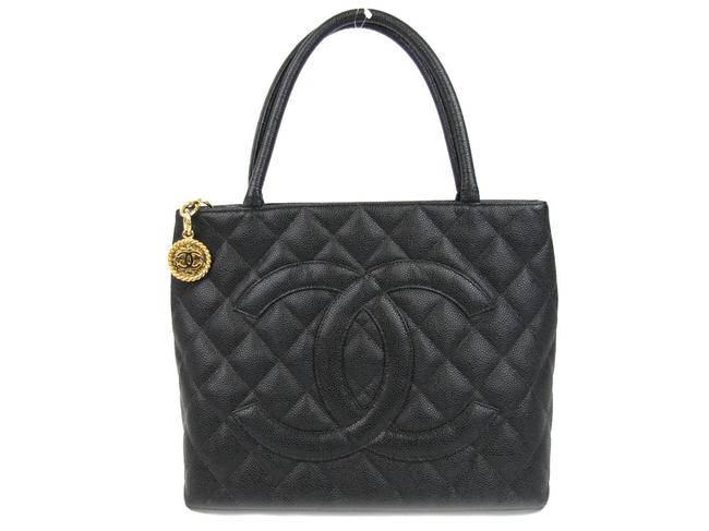 Chanel Quilted Medallion Tote Black Caviar Leather Shoulder Bag 