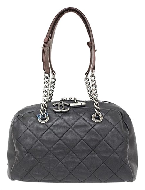 Chanel Mini Boston Calfskin Silver Hardware Black Brown Leather Shoulder Bag 