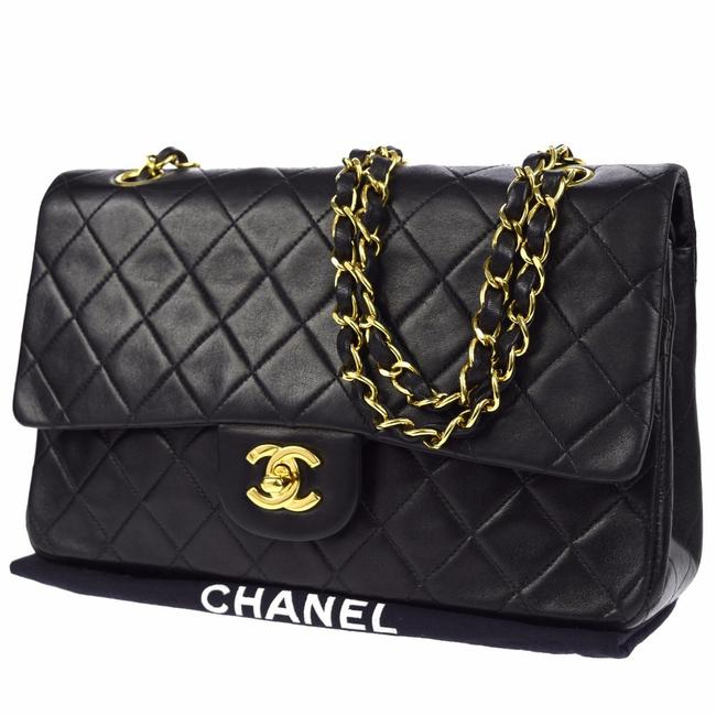 Chanel Double Quilted Flap Black Lambskin Leather Shoulder Bag 