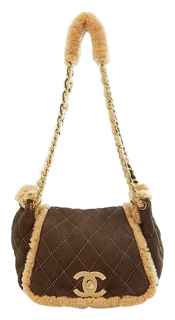Chanel Quilted Brown &amp Beige Shearling Shoulder Bag 