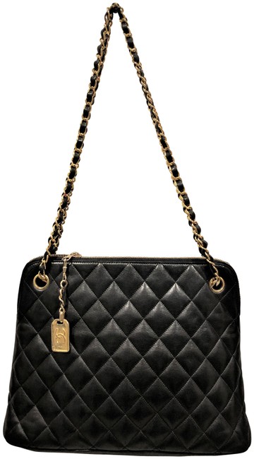 Chanel Quilted Calfskin Gold Chain Black Lambskin Leather Shoulder Bag 