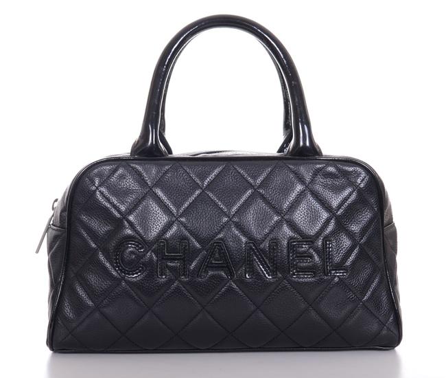 Chanel Quilted Caviar Leather Small Bowling Purse Satchel 