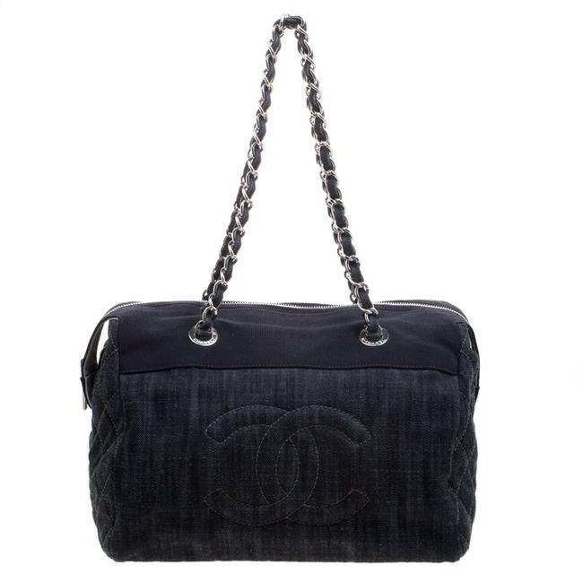 Chanel Bowling Bag Quilted Cc Navy Blue Denim Satchel 