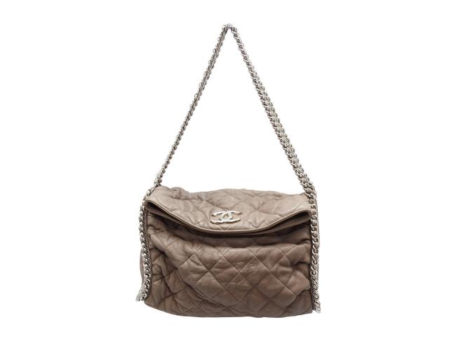 Chanel Quilted Foldover Beige Leather Shoulder Bag 