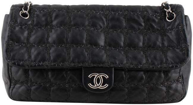 Chanel Rare Tweed Double Stitch Maxi Flap Black Lambskin Leather Shoulder Bag 