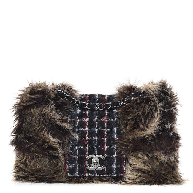 Chanel Rare Tweed Fur Medium Flap Blue Red Shoulder Bag 