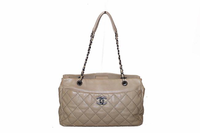 Chanel Shopping Stitched Quilted Beige Lambskin Leather Shoulder Bag 