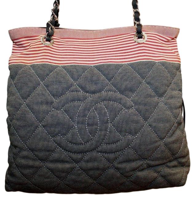 Chanel Shopping Stripe Cc Quilted Coco Tote Blue Red Denim Shoulder Bag 