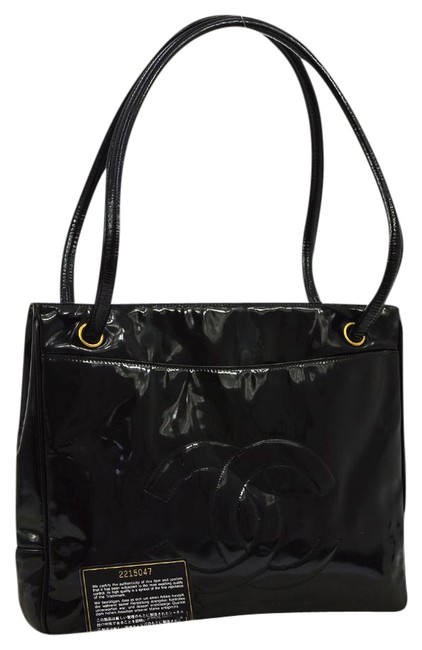 Chanel Shopping Tote Cc Logo Black Patent Leather Shoulder Bag 