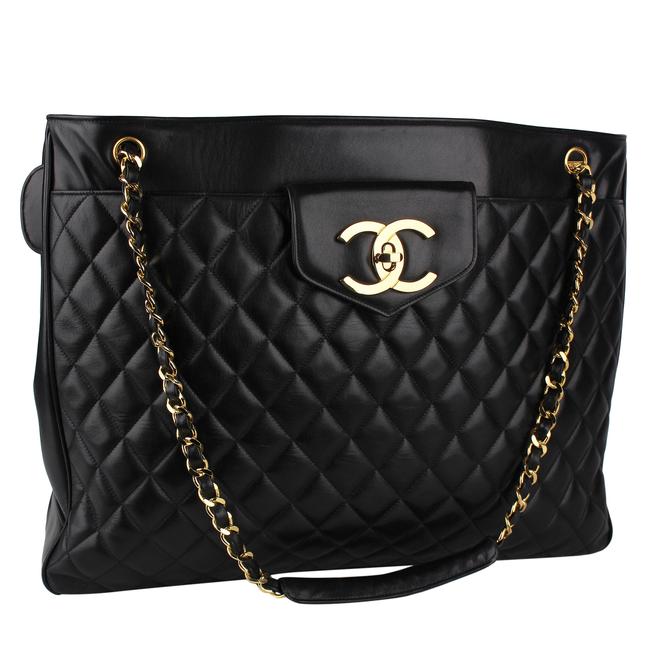 Chanel Shopping Tote Grand 8004 Black Lambskin Leather Shoulder Bag 