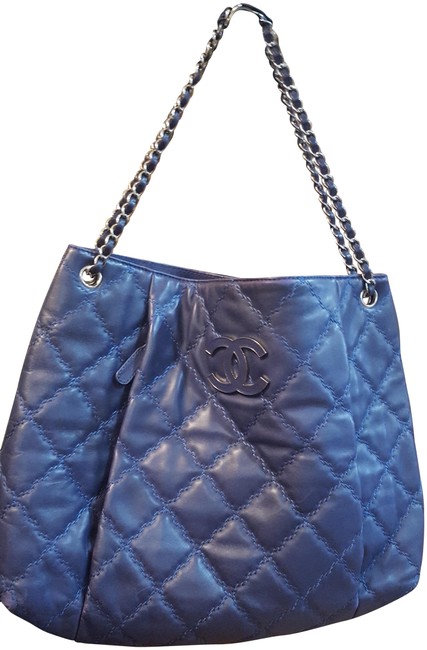 Chanel Shopping Tote Quilted Blue Lambskin Leather Shoulder Bag 