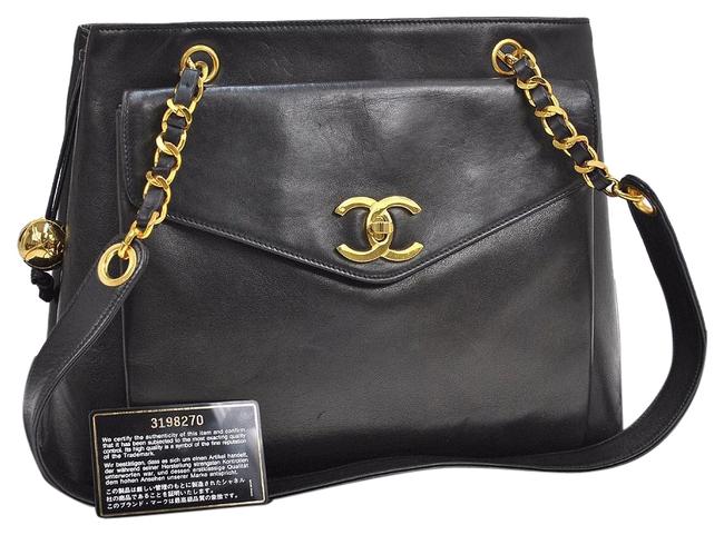 Chanel Tote Signature Tote Black Lambskin Leather Shoulder Bag 