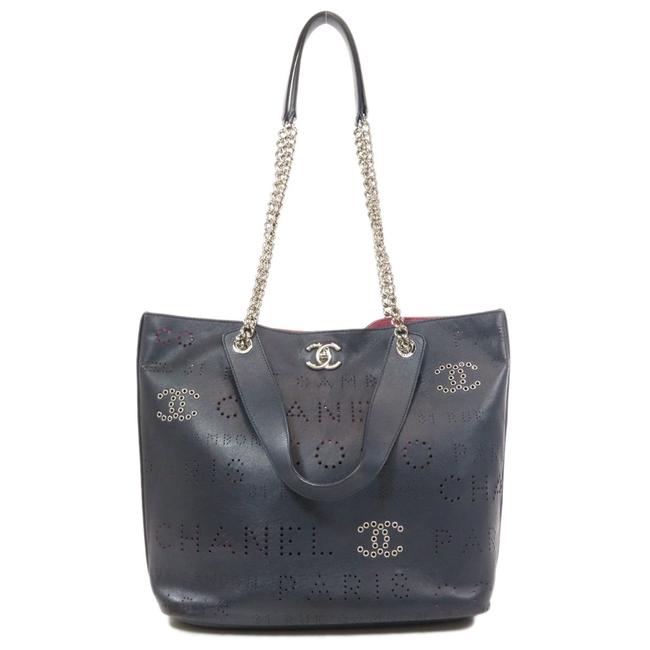 Chanel Silver Metal Fittings Calf Ladies Navy Shoulder Bag 