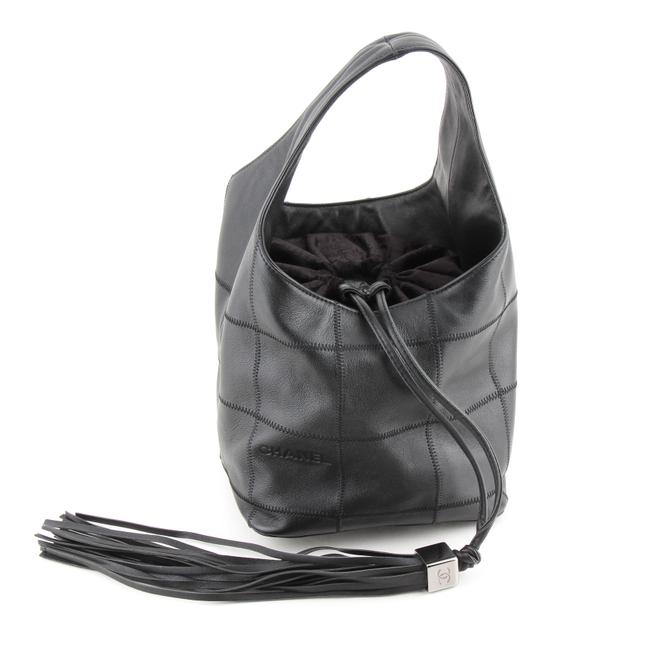 Chanel Square Top Stitch Quilted Tassel Black Calfskin Leather Shoulder Bag 