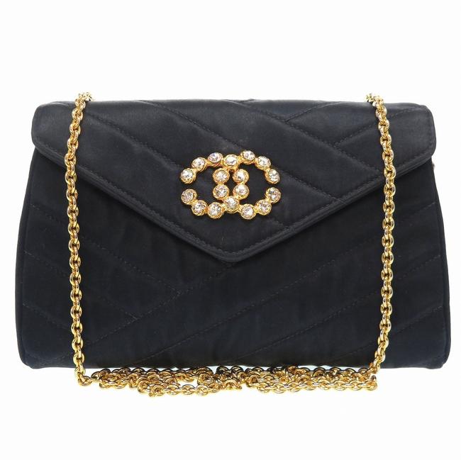 Chanel Stone Gold Chain Coco Mark 0199 Navy Satin Shoulder Bag 