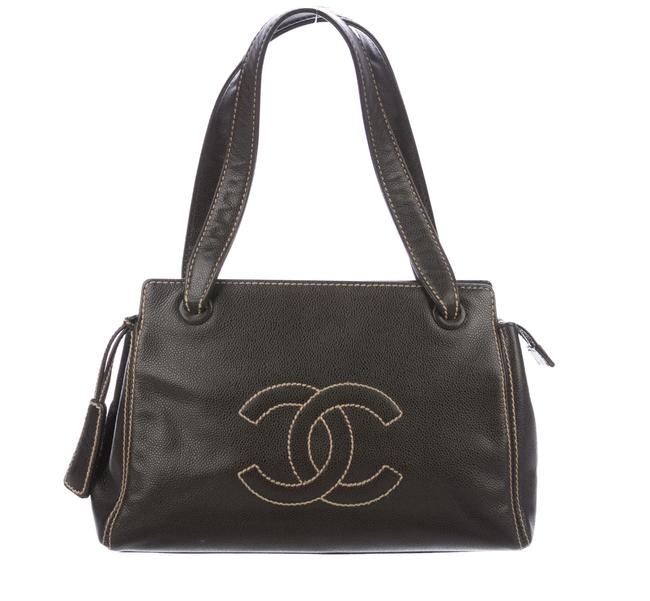 Chanel Surpique Cc Brown Calfskin Leather Shoulder Bag 